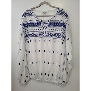 Lucky Brand Women's Embroidered Short Sleeve Blouse 2X White Blue